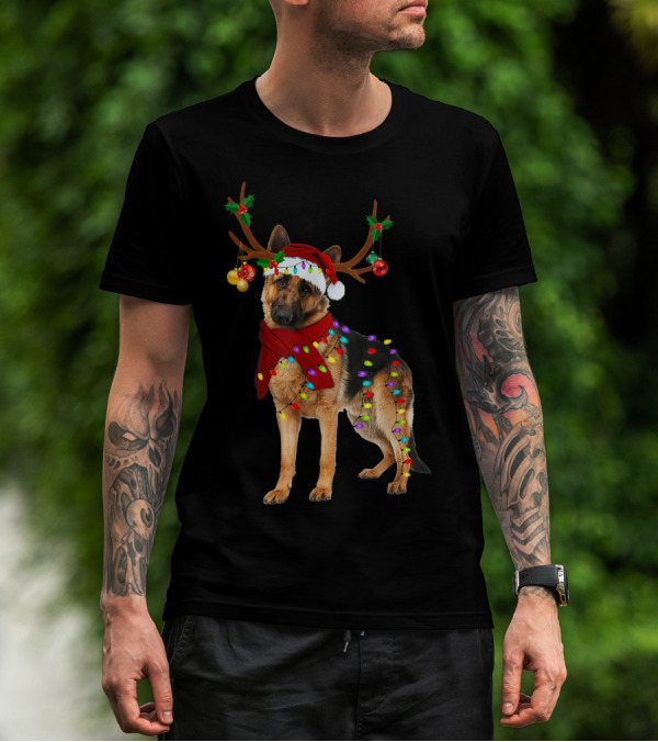 Santa German Shepherd Reindeer Antlers Christmas Lights T-Shirt