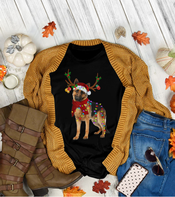 Santa German Shepherd Reindeer Antlers Christmas Lights T-Shirt