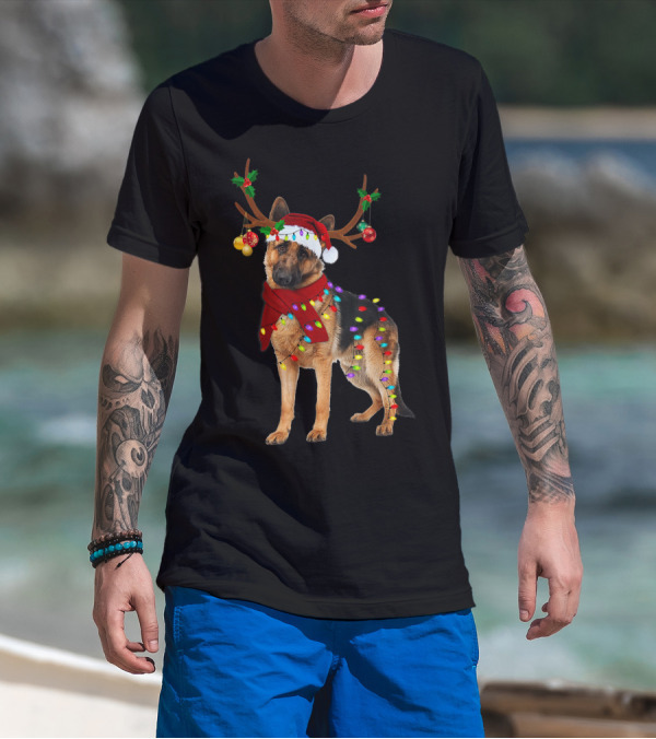 Santa German Shepherd Reindeer Antlers Christmas Lights T-Shirt