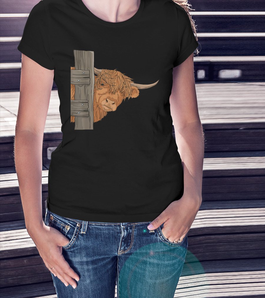 Scottish Highland Cow Spirit Animal Peeking Behind Wooden Fence T-Shirt