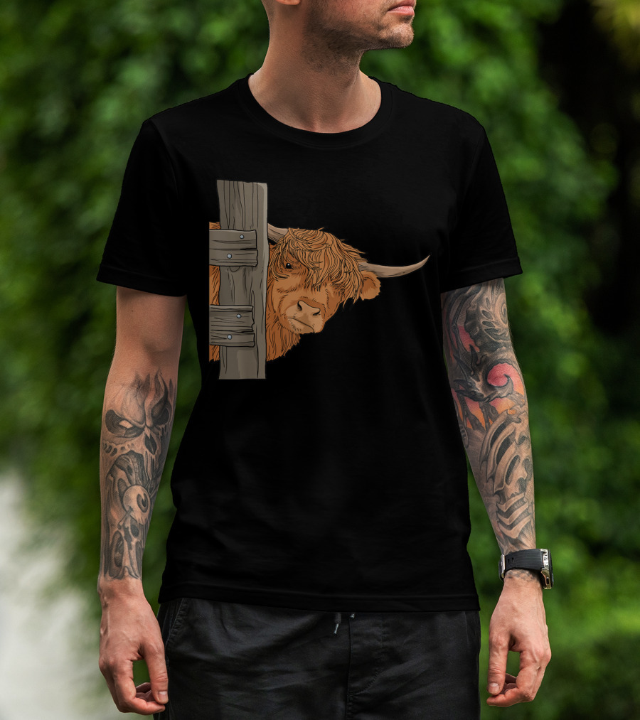 Scottish Highland Cow Spirit Animal Peeking Behind Wooden Fence T-Shirt