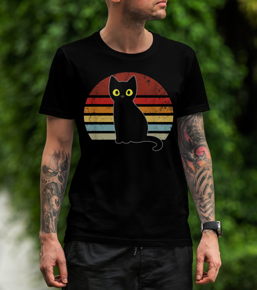 Vintage Retro Stripes Black Cat Kitty Kitten T-Shirt