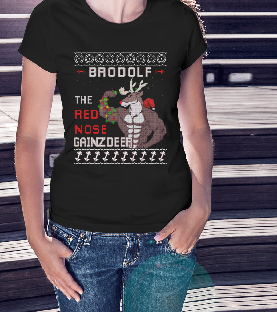 Brodolf The Red Nose Gainzdeer Lifting Weights Festive Sweater Style Fitness T-Shirt