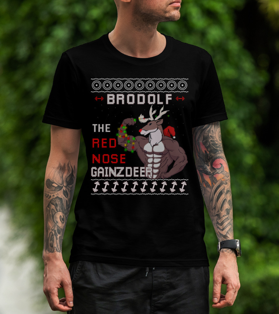 Brodolf The Red Nose Gainzdeer Lifting Weights Festive Sweater Style Fitness T-Shirt