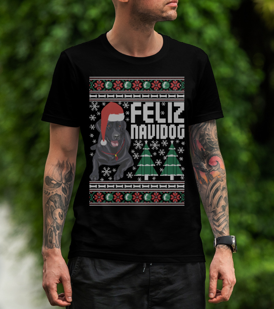 Feliz Navidog Labrador With Santa Hat And Christmas Trees Snowflakes T-Shirt