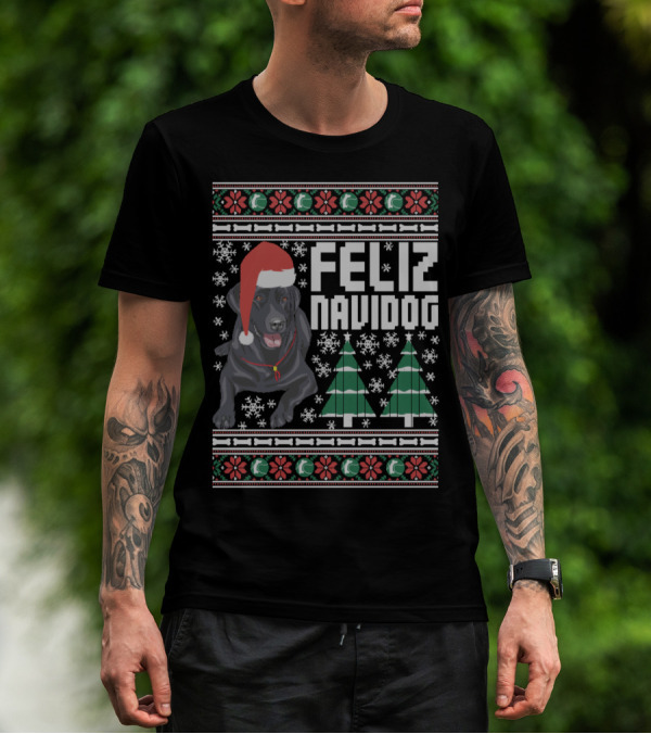 Feliz Navidog Labrador With Santa Hat And Christmas Trees Snowflakes T-Shirt