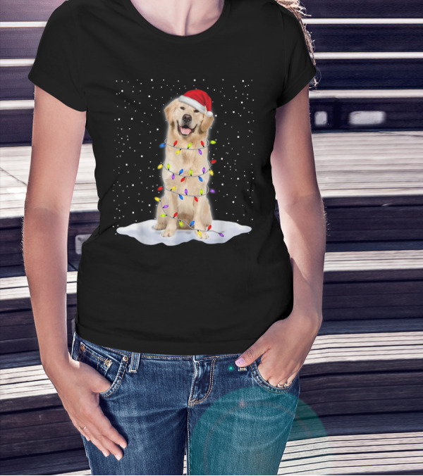 Golden Retriever With Santa Hat Wrapped In Colorful Christmas Tree Lights And Snowflakes T-Shirt
