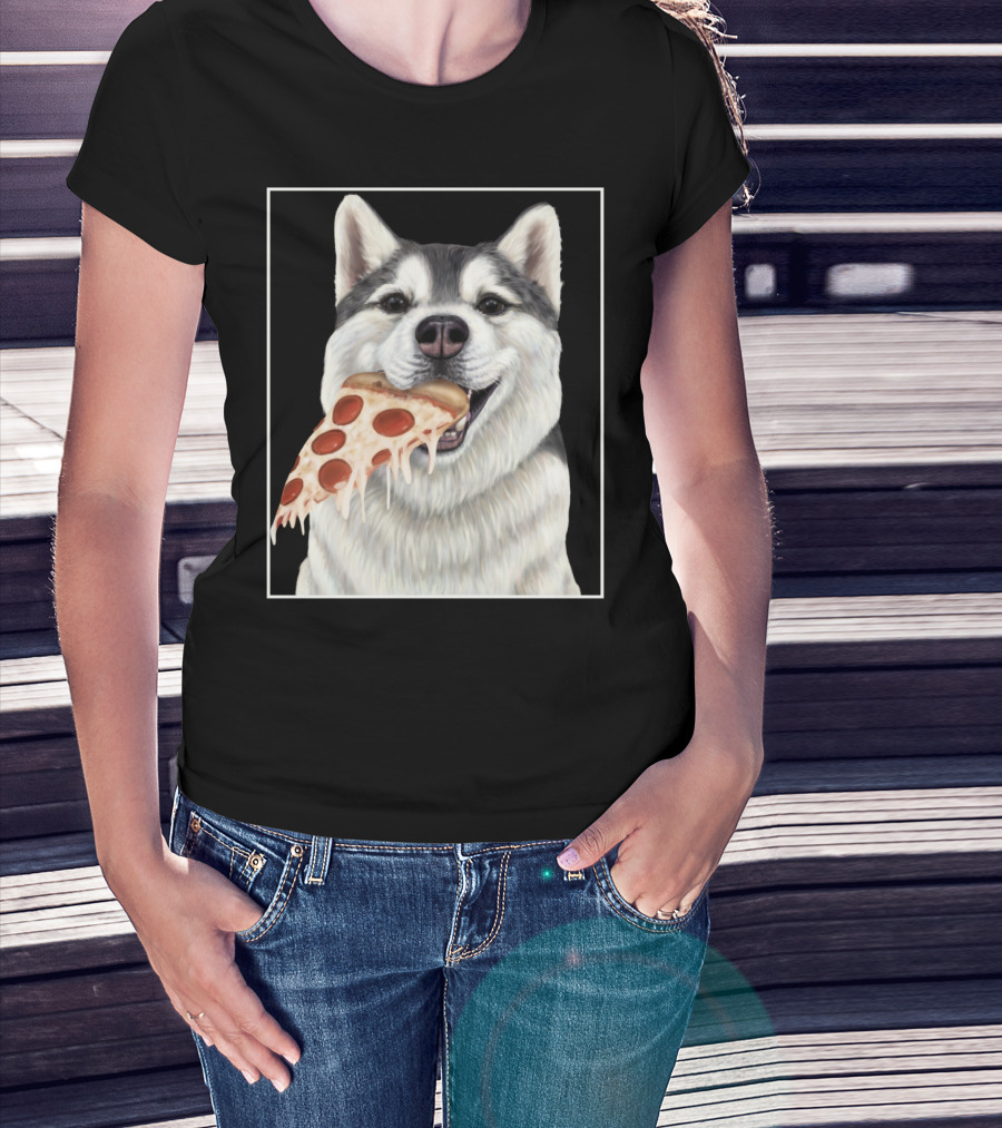 Husky Eating A Pepperoni Pizza Slice Dog Image T-Shirt