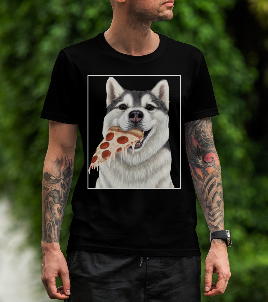 Husky Eating A Pepperoni Pizza Slice Dog Image T-Shirt