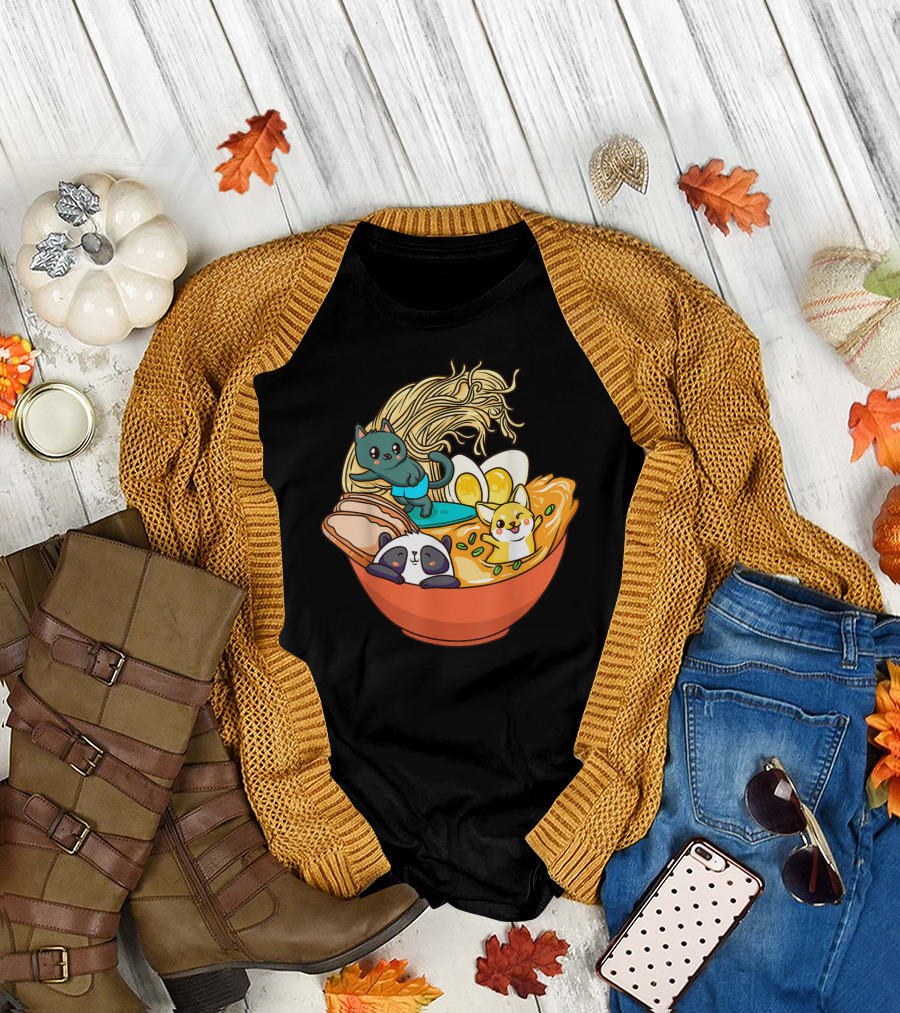 Kawaii Cat Panda Dog Anime Noodle Bowl with Egg and Ramen T-Shirt