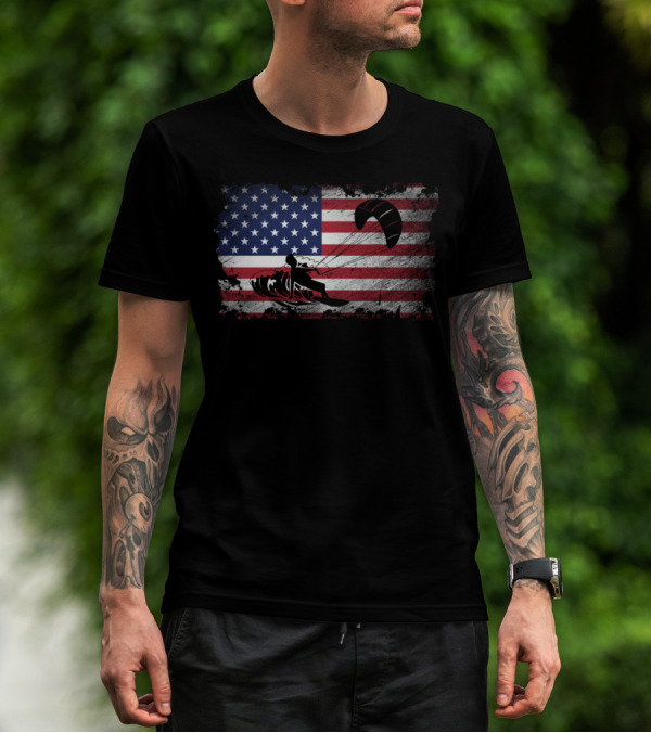 Kiteboarding With American Flag Proud USA Patriot T-Shirt
