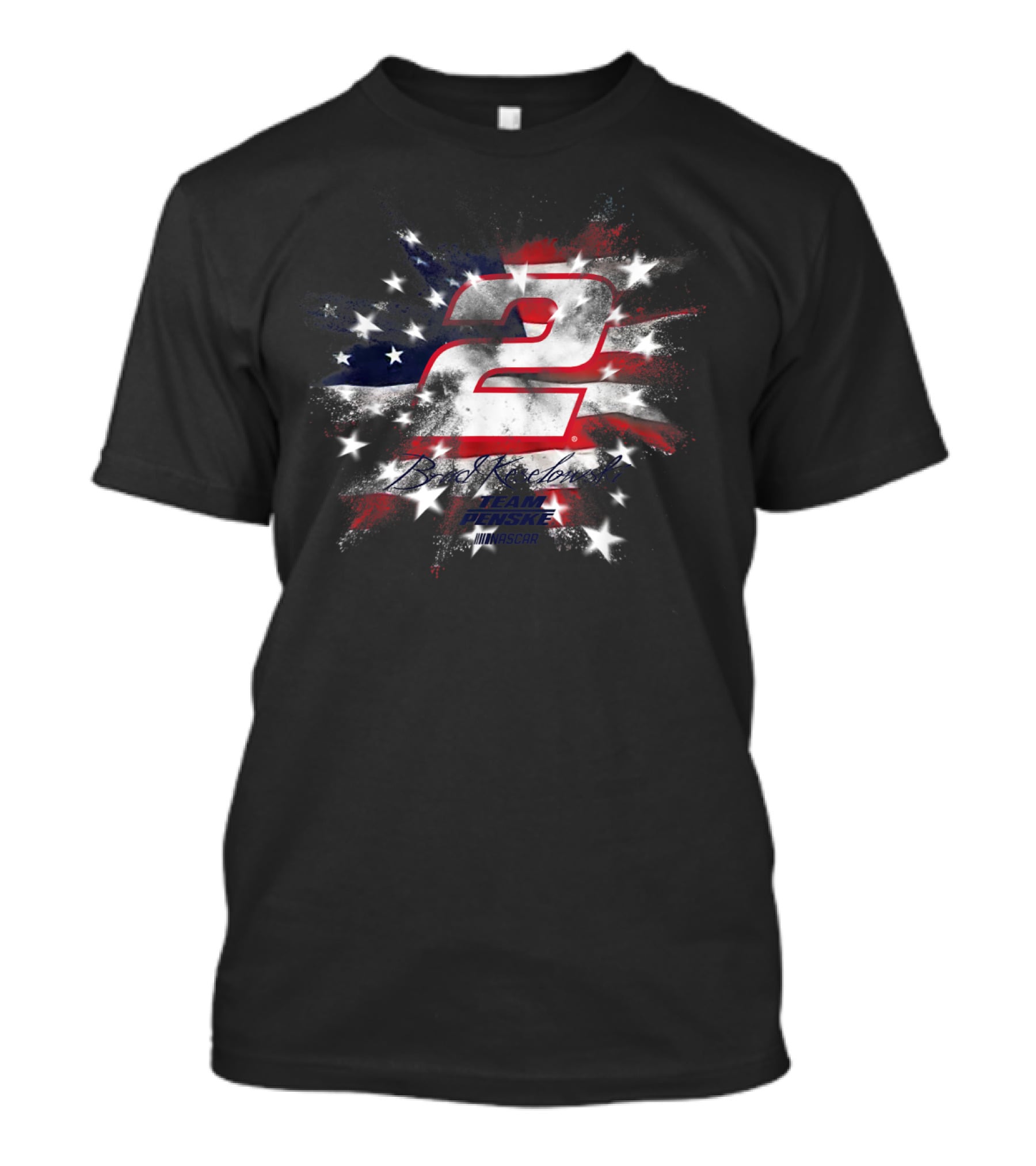 NASCAR Brad Keselowski Team Penske Number 2 American Flag Fireworks T-Shirt