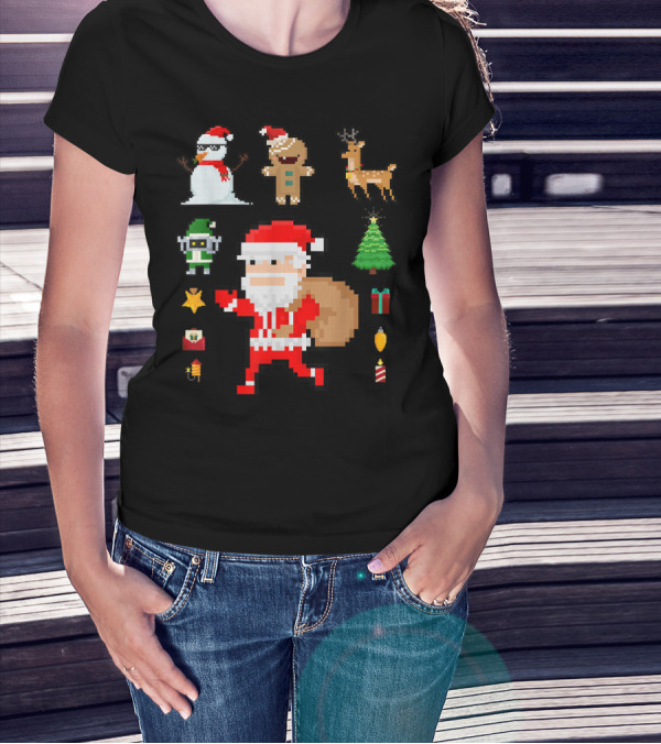Pixel 8Bit Santa Claus Snowman Gingerbread Reindeer Christmas Tree Gifts Gaming T-Shirt