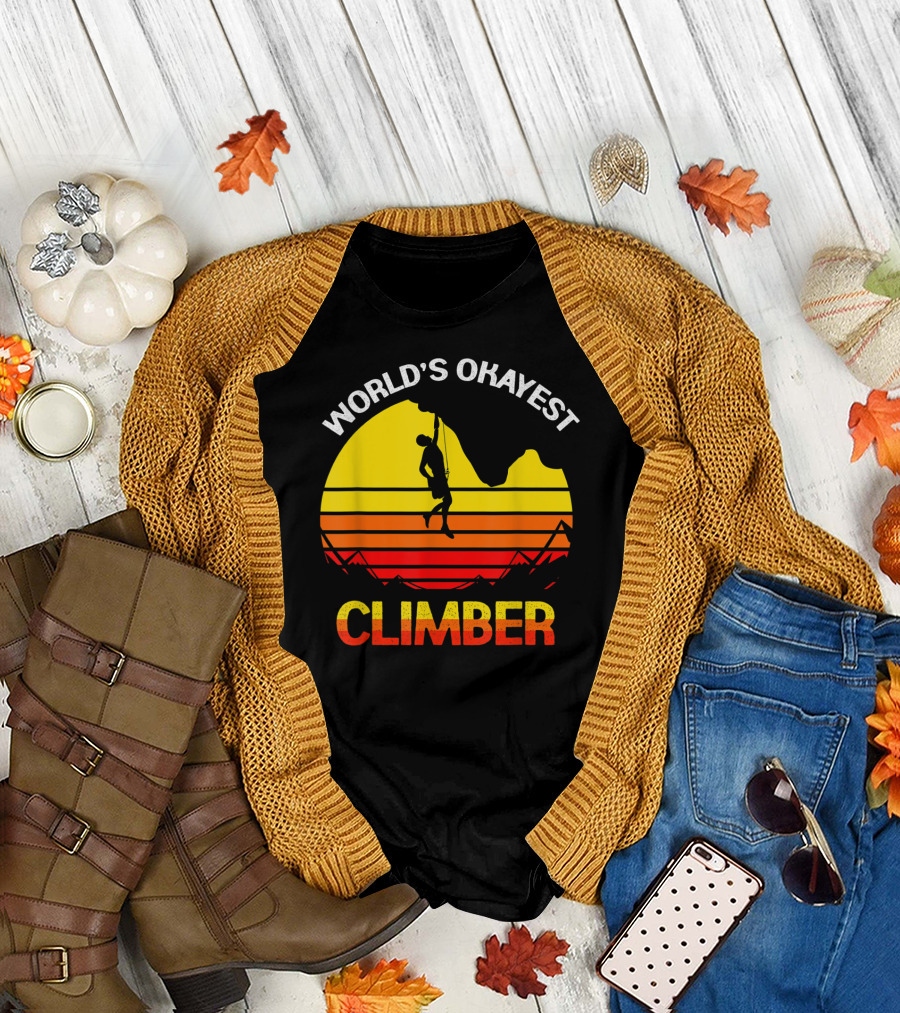World's Okayest Climber Rock Climbing Sunset T-Shirt