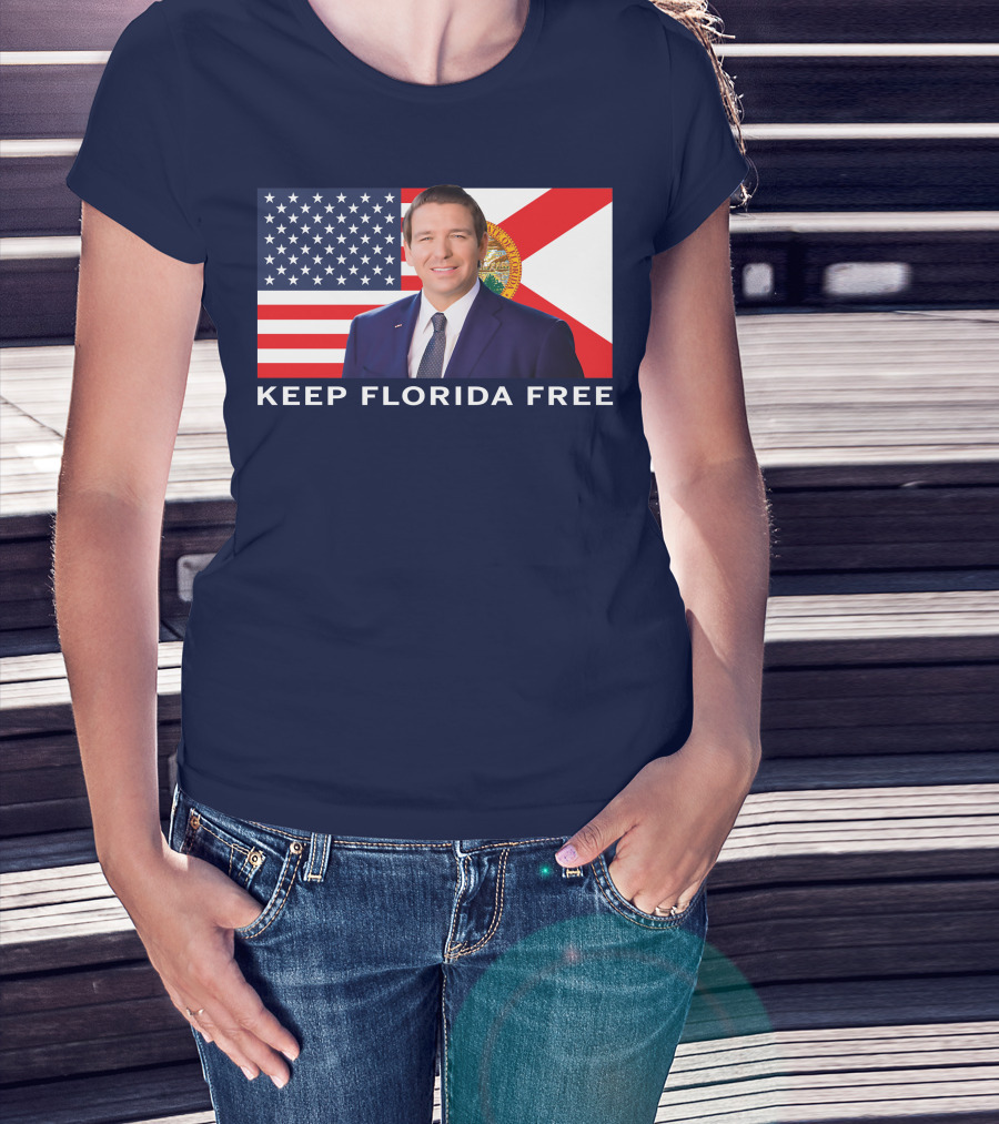 Keep Florida Free American Flag Portrait Navy Fine Jersey T-Shirt