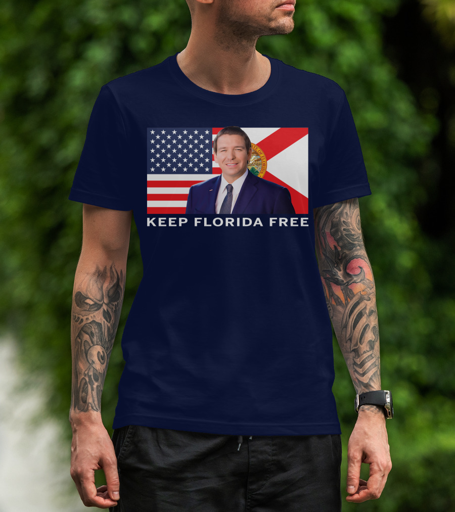 Keep Florida Free American Flag Portrait Navy Fine Jersey T-Shirt