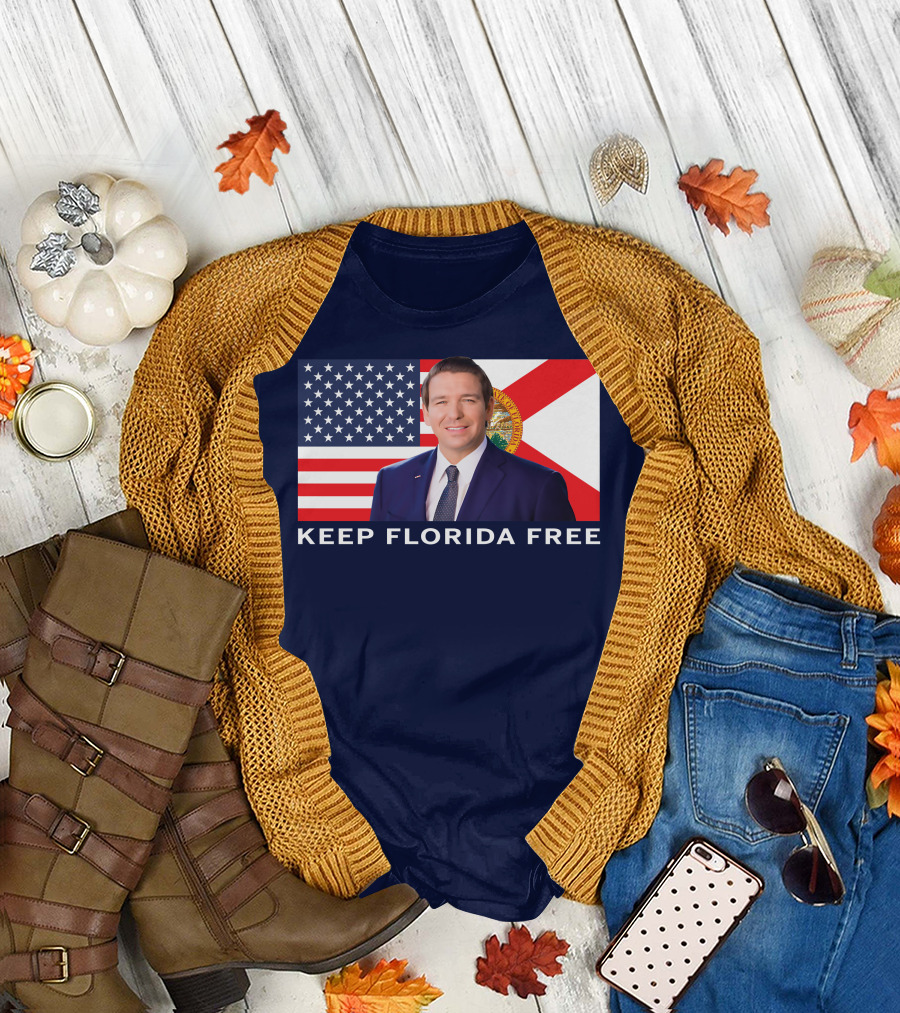 Keep Florida Free American Flag Portrait Navy Fine Jersey T-Shirt