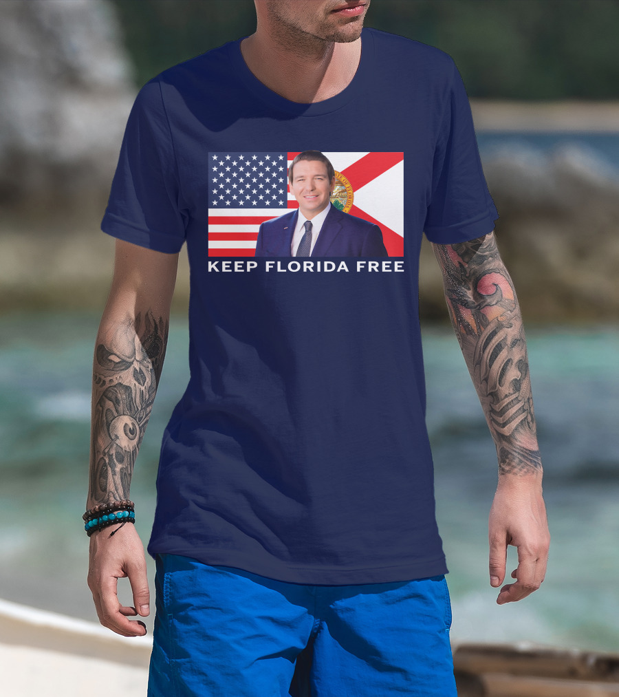 Keep Florida Free American Flag Portrait Navy Fine Jersey T-Shirt