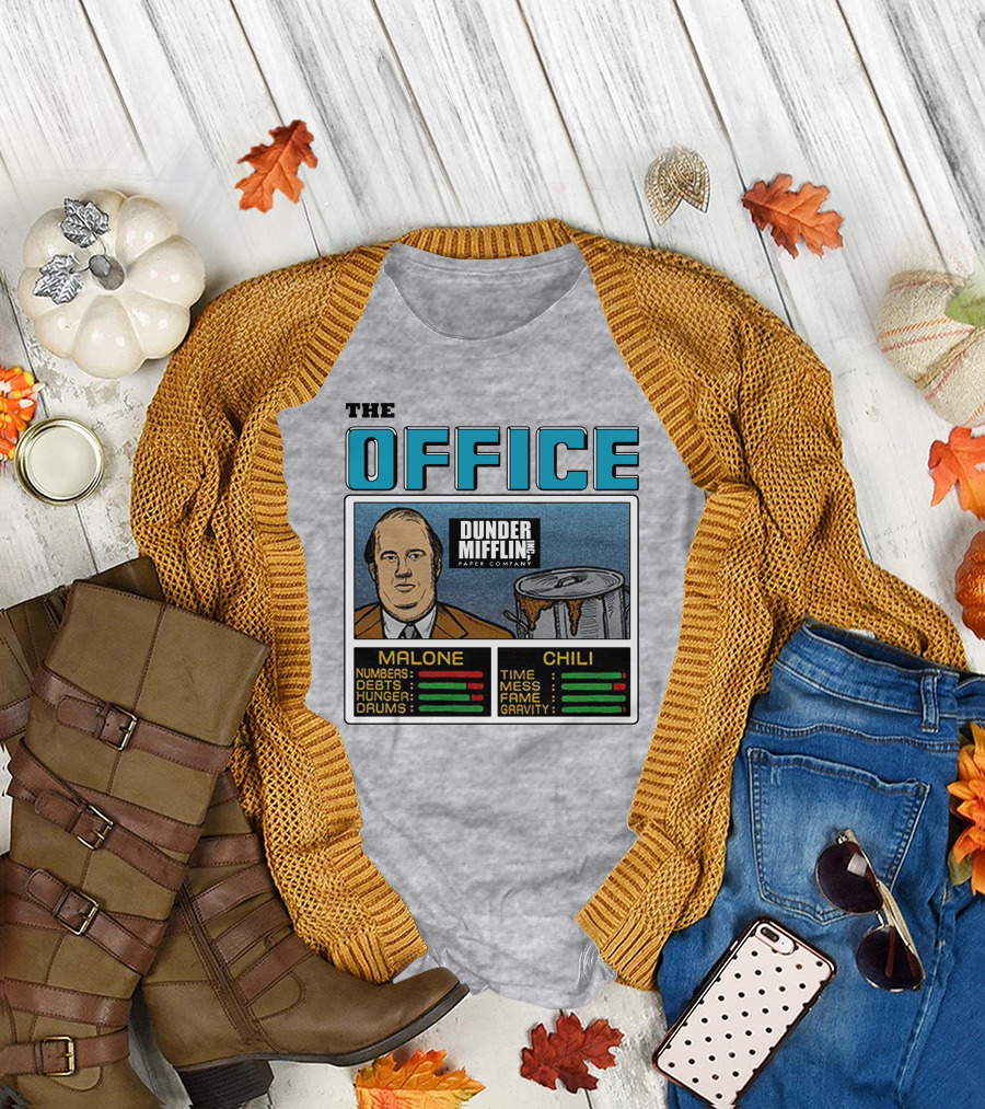The Office Dunder Mifflin Kevin Malone Chili Numbers Debts Hunger Drums Time Mess Fame Gravity T-Shirt