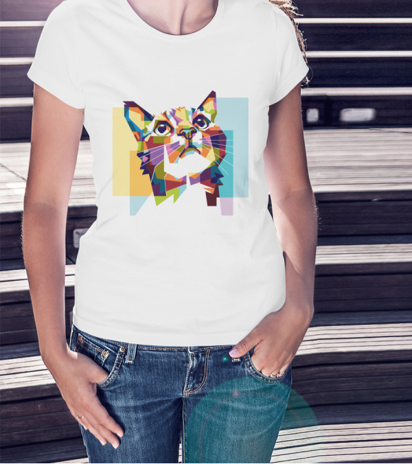 Colorful Geometric Cat Portrait In Vibrant Pop T-Shirt