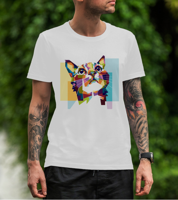 Colorful Geometric Cat Portrait In Vibrant Pop T-Shirt