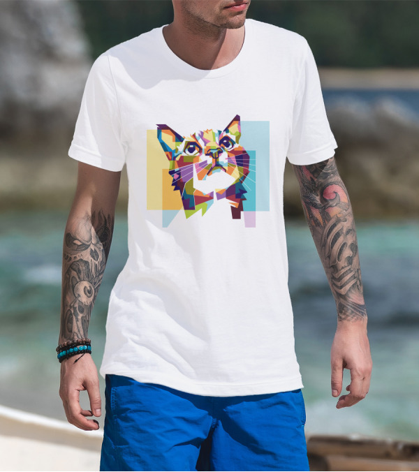 Colorful Geometric Cat Portrait In Vibrant Pop T-Shirt