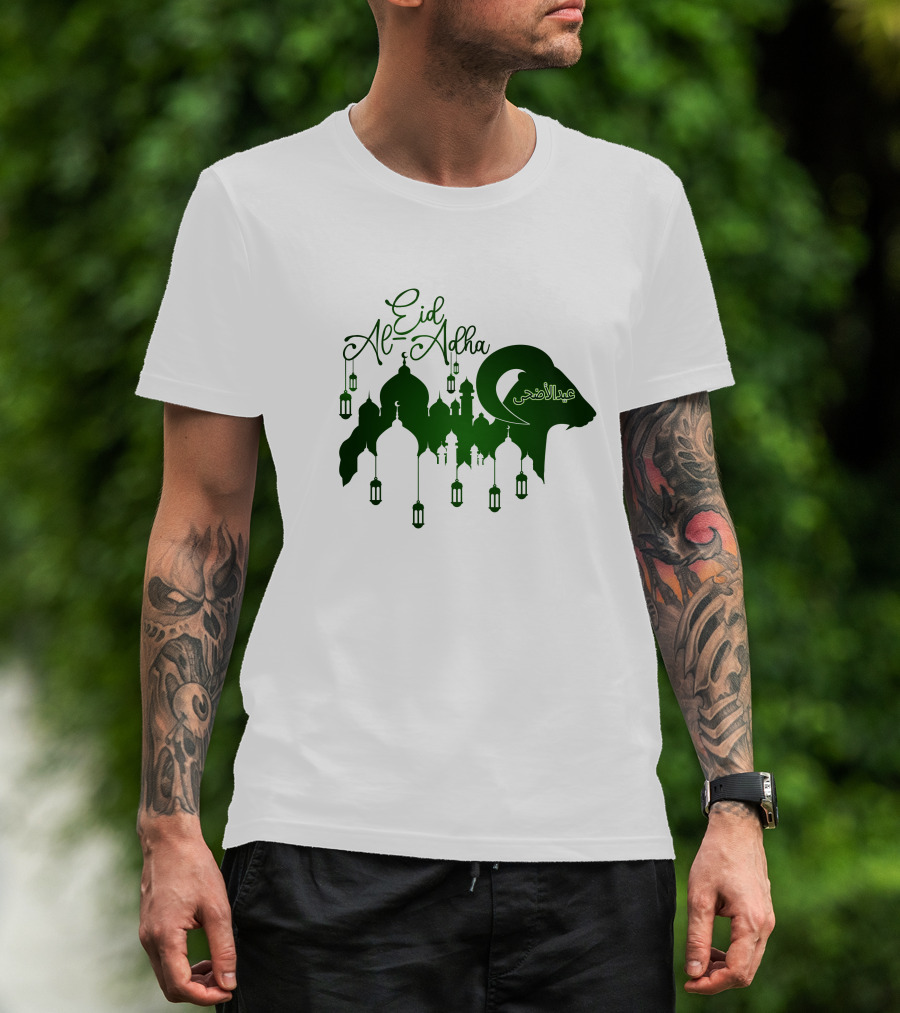Eid Al-Adha Arabic Script Lanterns And Mosque T-Shirt