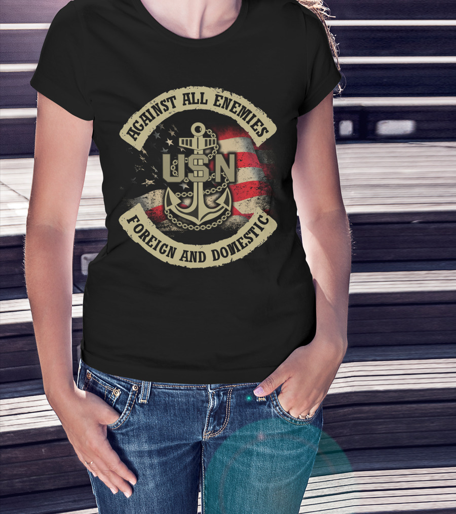 Usn Against All Enemies Foreign And Domestic Anchor American Flag T-Shirt