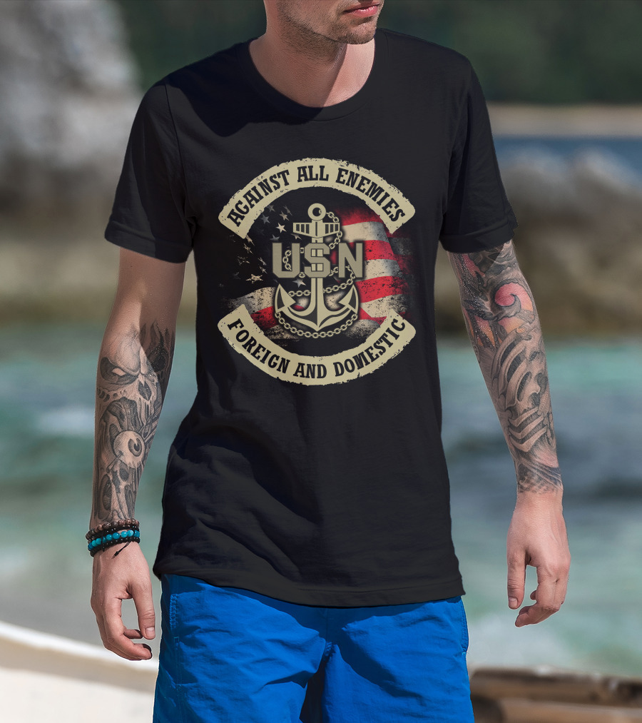 Usn Against All Enemies Foreign And Domestic Anchor American Flag T-Shirt
