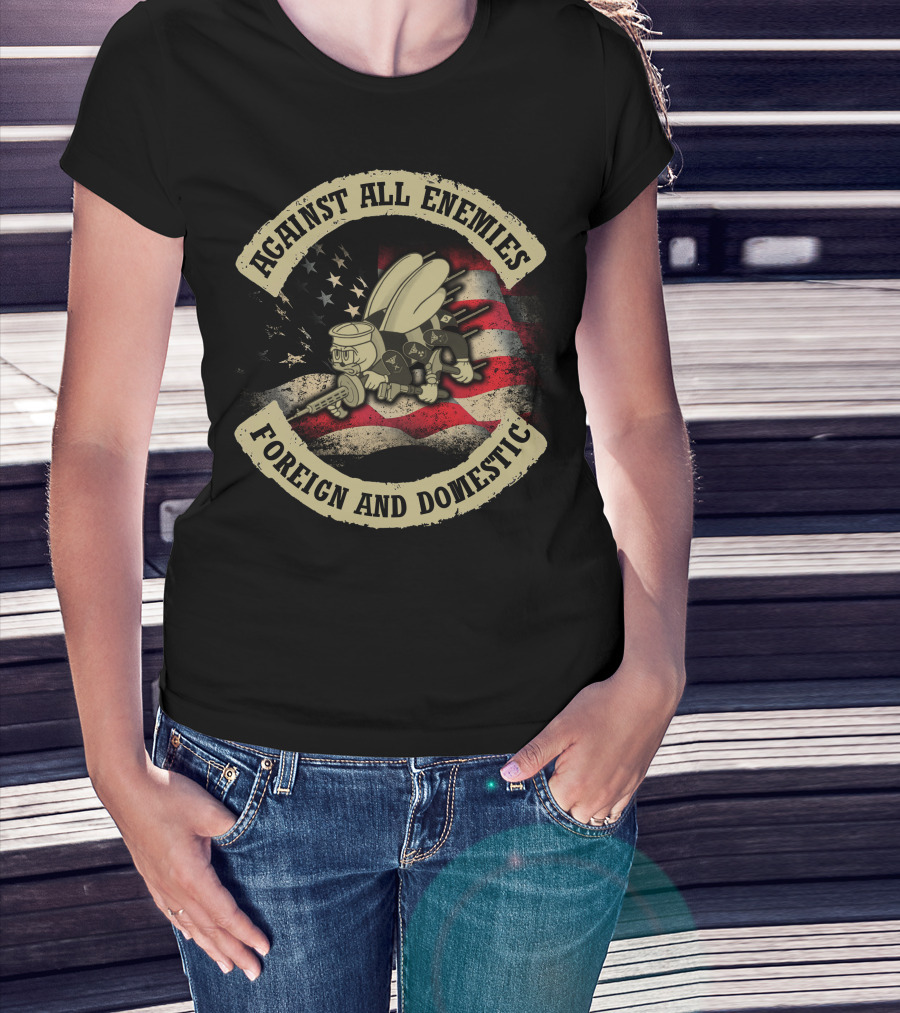 Against All Enemies Foreign And Domestic Vintage Army Bee Usa Flag T-Shirt
