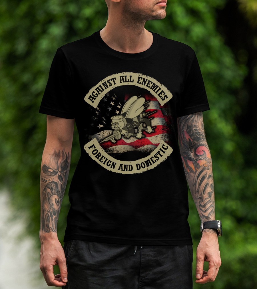 Against All Enemies Foreign And Domestic Vintage Army Bee Usa Flag T-Shirt
