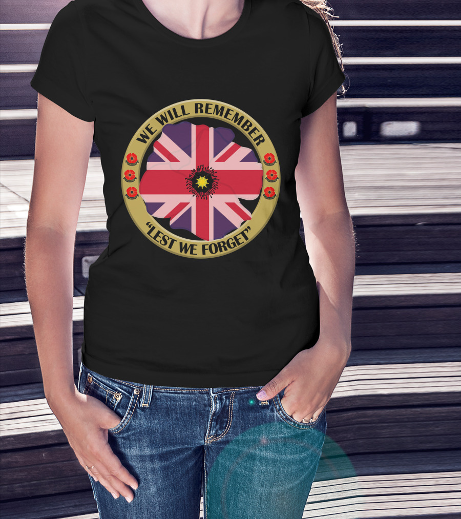 We Will Remember Lest We Forget Union Jack Poppy Remembrance T-Shirt