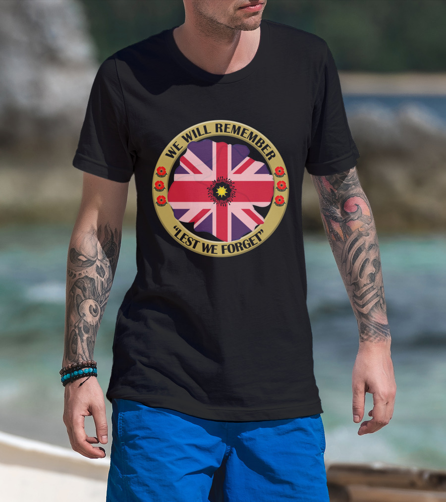 We Will Remember Lest We Forget Union Jack Poppy Remembrance T-Shirt