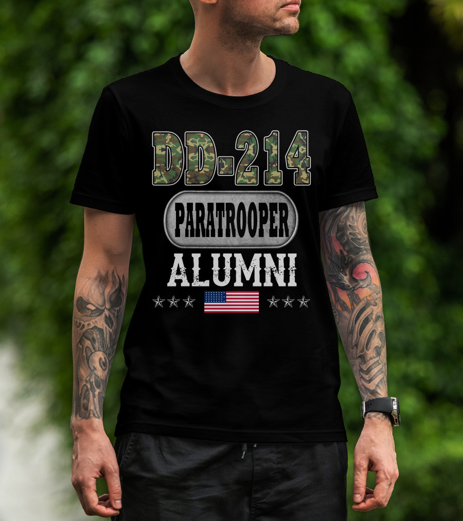 Dd-214 Paratrooper Alumni American Flag Camouflage Stars T-Shirt