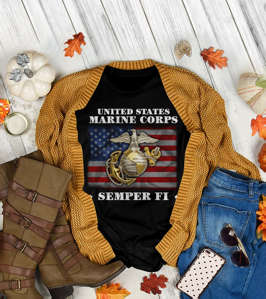 United States Marine Corps Semper Fi American Flag Eagle Globe And Anchor T-Shirt