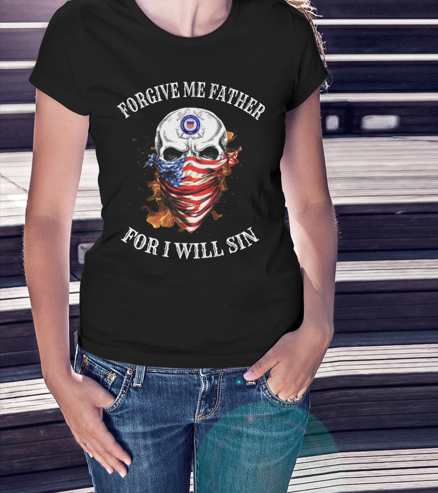 Forgive Me Father For I Will Sin Skull With American Flag Bandana And Fire T-Shirt