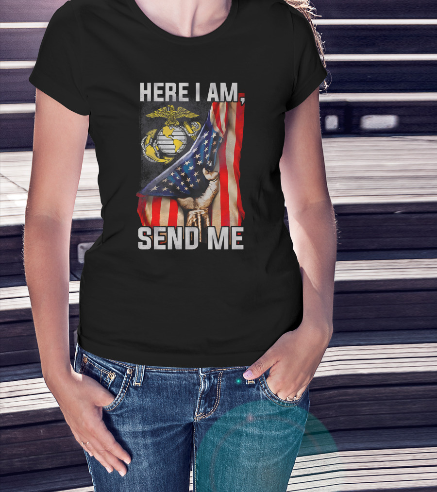 Here I Am Send Me Us Marine Corps American Flag T-Shirt