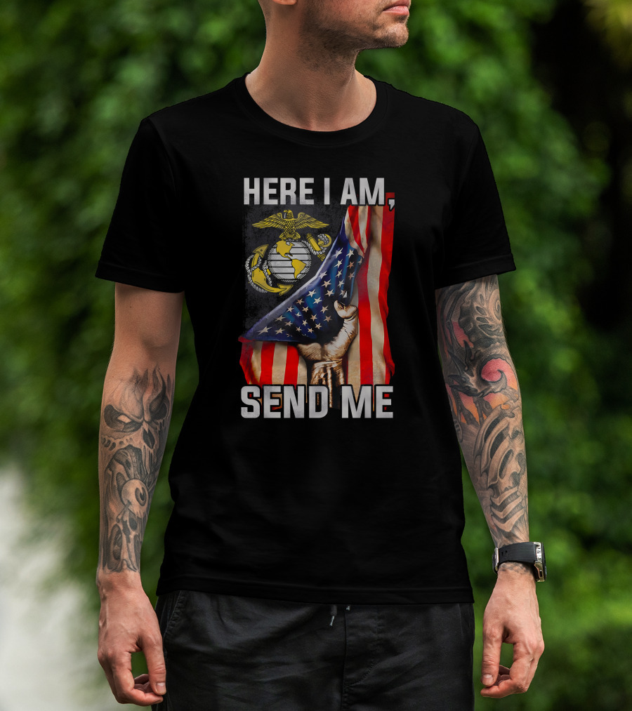 Here I Am Send Me Us Marine Corps American Flag T-Shirt