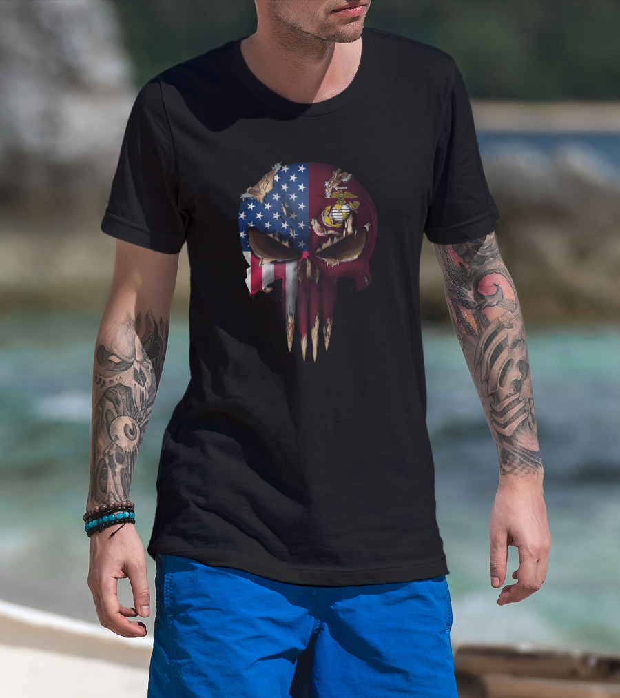 Patriotic Us Flag Skull With Marine Corps T-Shirt