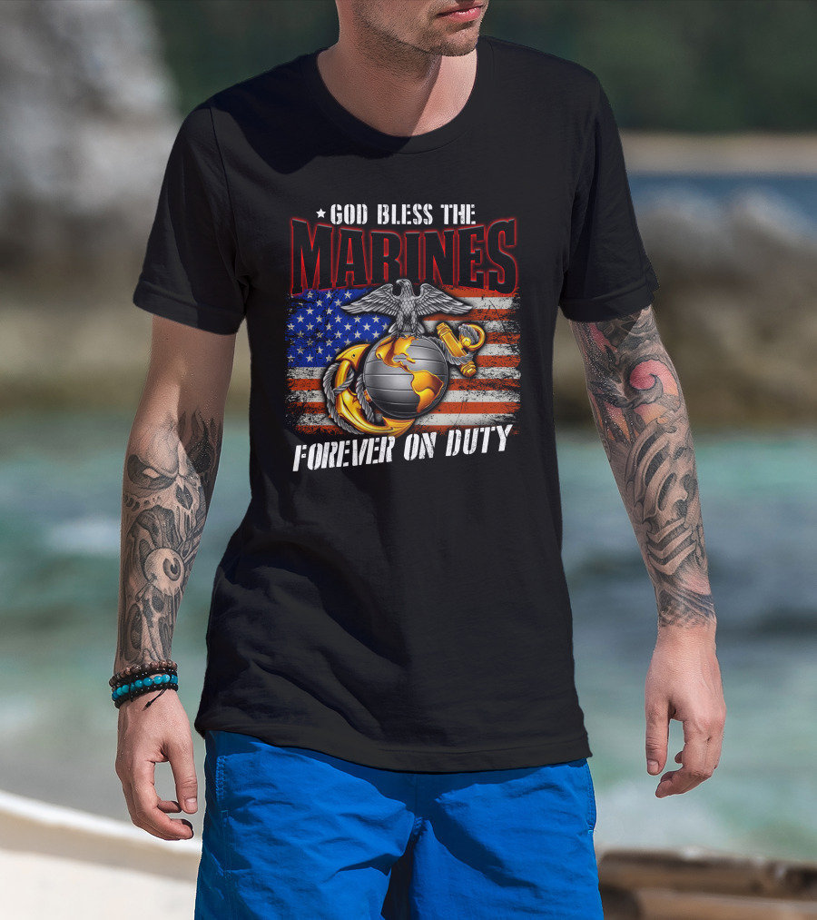 God Bless The Marines Forever On Duty American Flag Honor T-Shirt