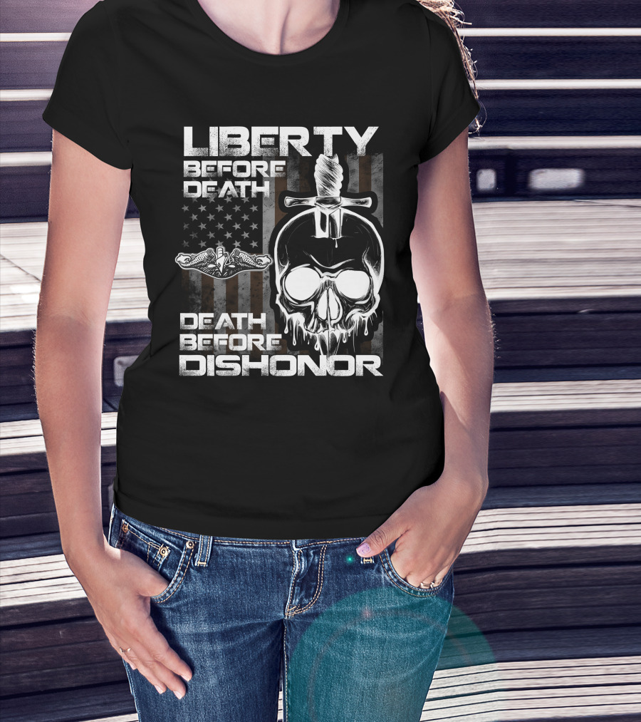 Liberty Before Death Before Dishonor Skull Dagger American Flag T-Shirt