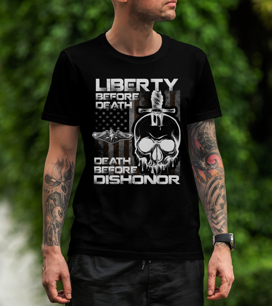 Liberty Before Death Before Dishonor Skull Dagger American Flag T-Shirt