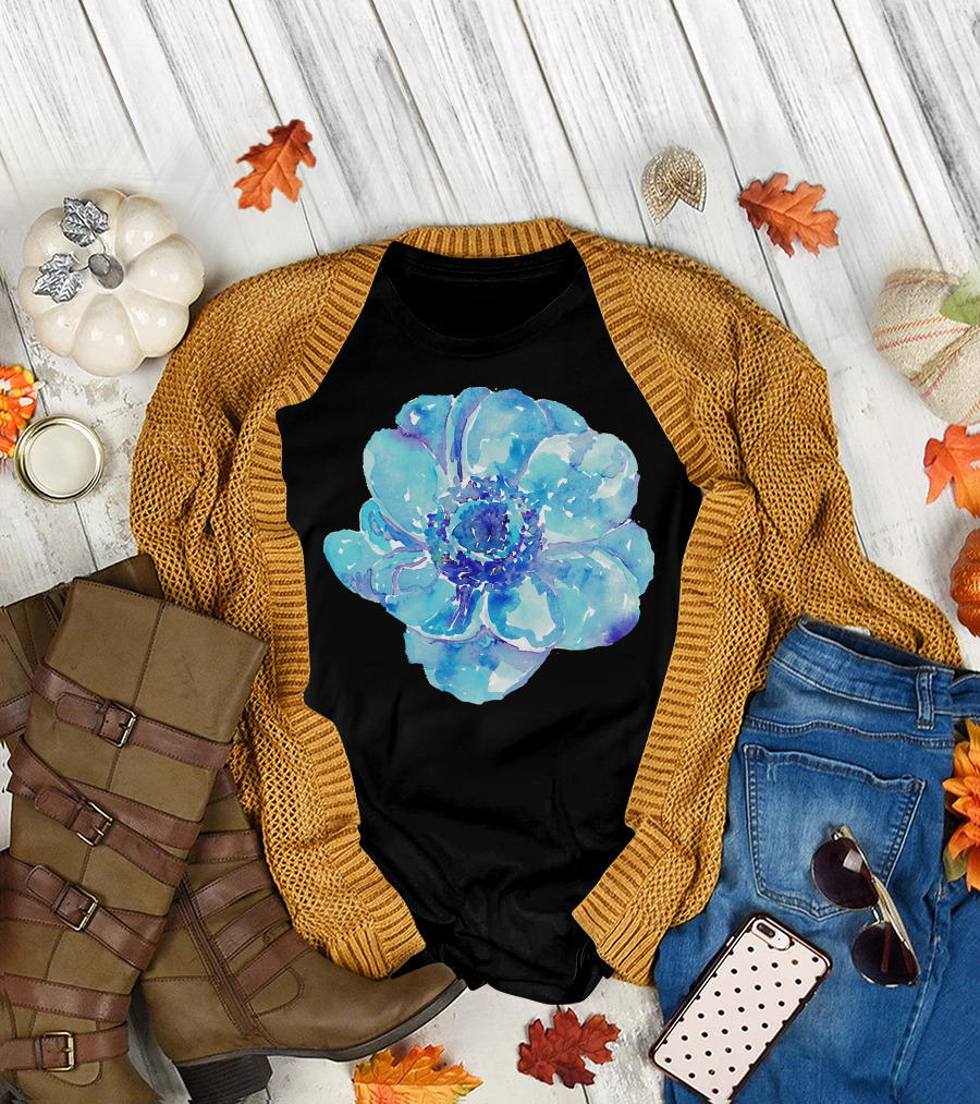 Blue Anemone Flower Painting Red Green Blossom T-Shirt