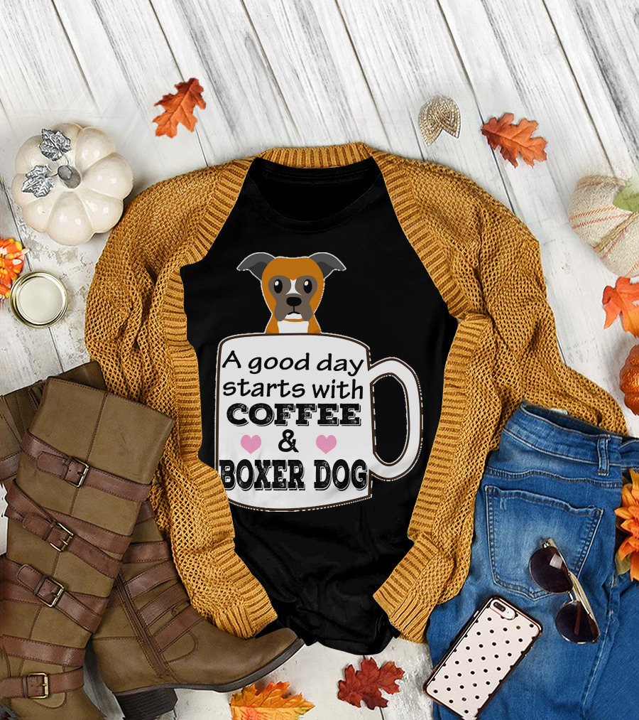 Boxer Dog Coffee Mug with Hearts - A Good Day Starts with Coffee T-Shirt