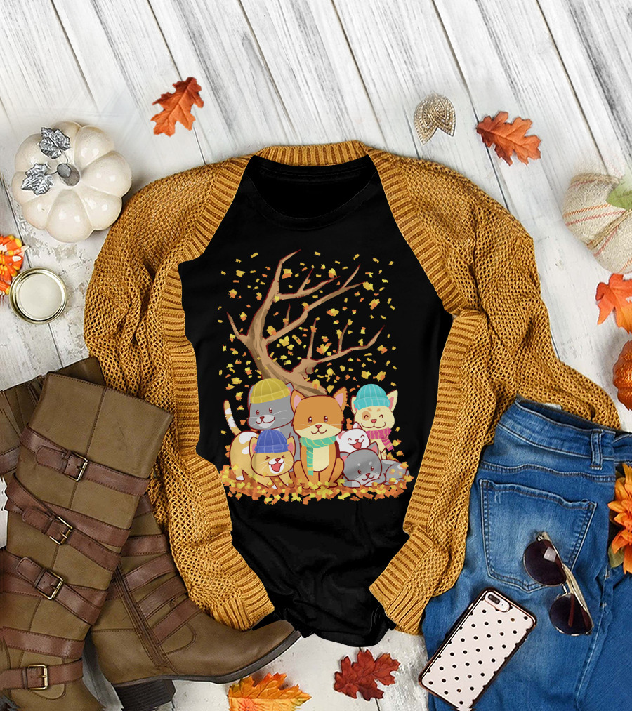 Cats Cats Autumn Leaf Tree Fall T-Shirt