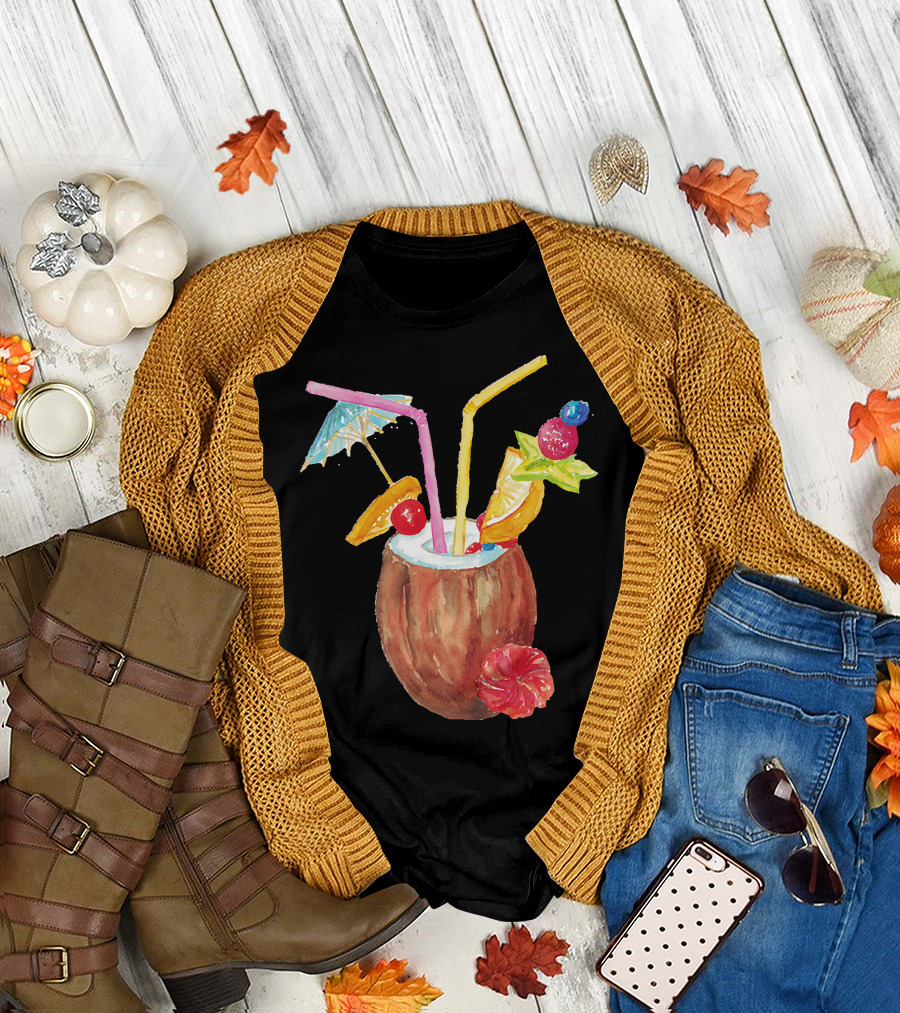 Coconut Cocktail Umbrella Fruit Drink Watercolor Print T-Shirt