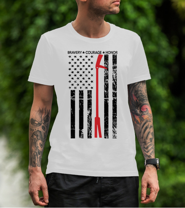 BRAVERY COURAGE HONOR Firefighter Flag With Red Halligan Tool T-Shirt