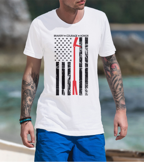 BRAVERY COURAGE HONOR Firefighter Flag With Red Halligan Tool T-Shirt