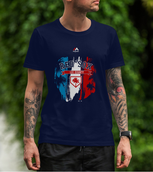 Majestic Red Sox Lee County Mookie Betts Palm Tree Blue Red White T-Shirt