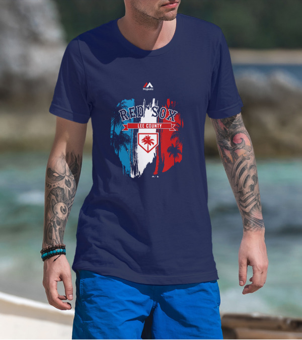 Majestic Red Sox Lee County Mookie Betts Palm Tree Blue Red White T-Shirt